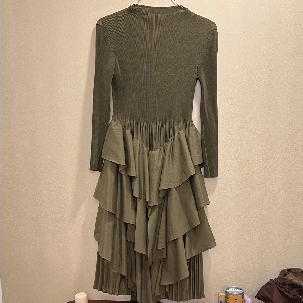 Elegant Long Sleeve Olive Ruffle Dress